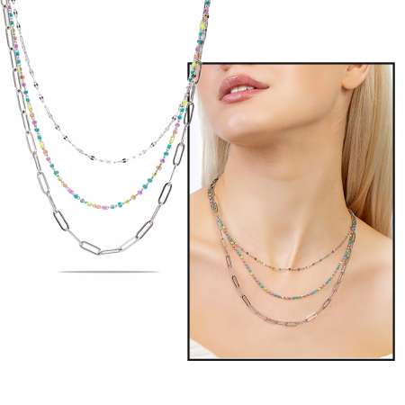 Gümüş Renk Kararmaz Metal Zincirli Çok Renkli Doğaltaş Kombinasyonlu 3 lü Kadın Kolye - Tesbihane