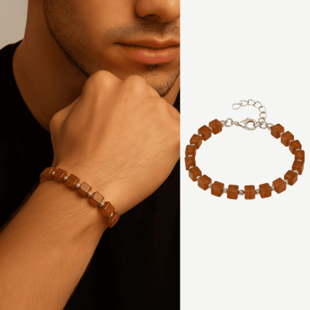 Gümüş Renk Metal Zincirli Dorika Top Süsleme Küp Kesim Bal Rengi Doğal Damla Kehribar Erkek Bileklik - Tesbihane