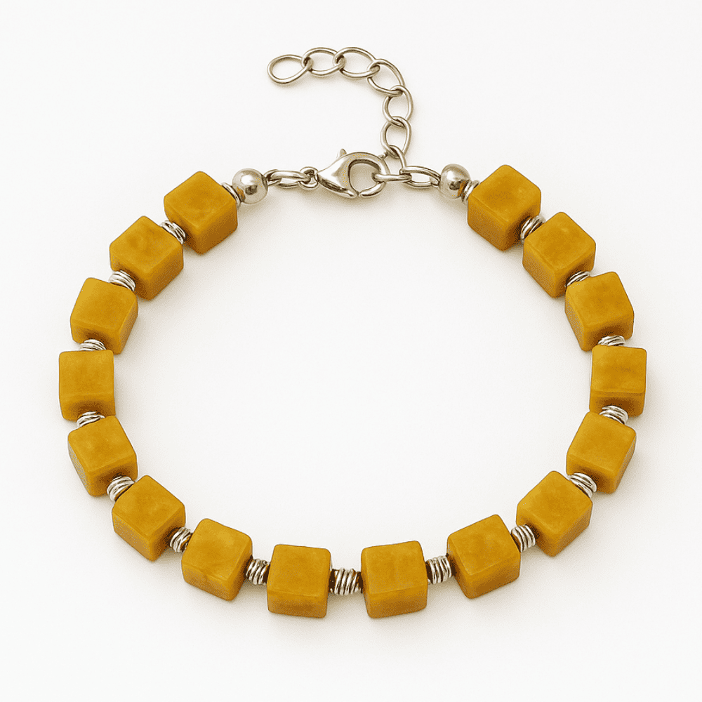 Gümüş Renk Metal Zincir Dorika Süslemeli Küp Kesim Hardal Rengi Doğal Damla Kehribar Erkek Bileklik - 2