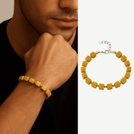 Gümüş Renk Metal Zincir Dorika Süslemeli Küp Kesim Hardal Rengi Doğal Damla Kehribar Erkek Bileklik - Tesbihane