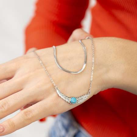 Gümüş Renk Snake Zincirli Firuze Doğaltaş Kombinli Buğday Tasarım Kadın Bileklik - Tesbihane