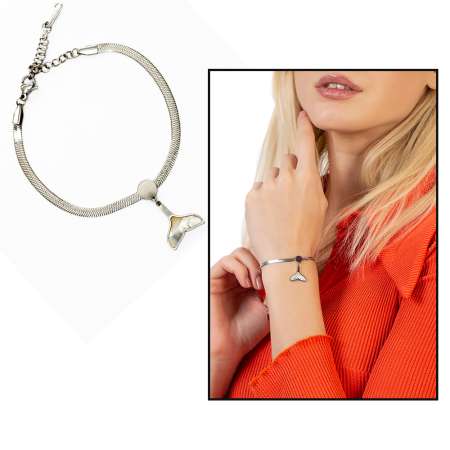 Gümüş Renk Snake Zincirli Sedef Doğaltaş Kombinli Balina Kuyruğu Tasarım Kadın Bileklik - Tesbihane