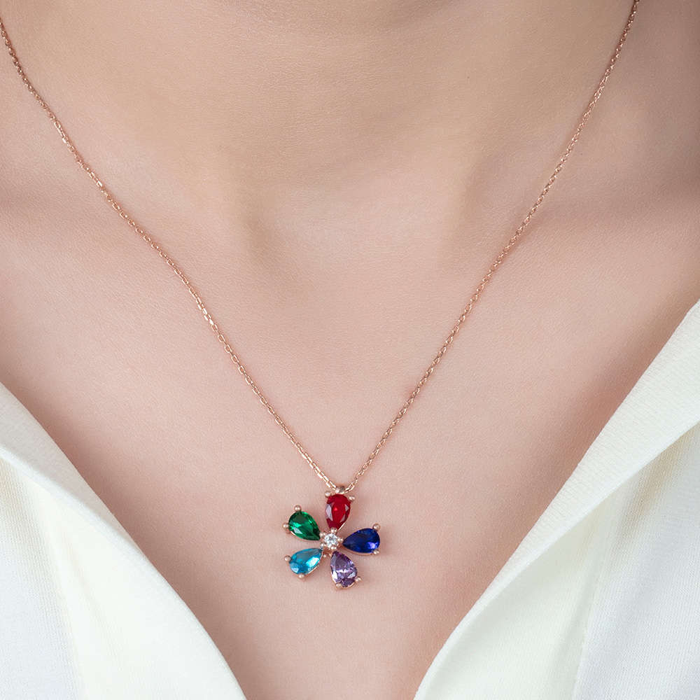 Karışık Renk Zirkon Taşlı Çiçek 925 Ayar Gümüş Bayan Kolye - 2