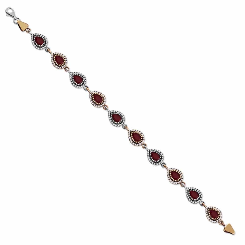 Zirkon ve Kırmızı Ruby Taşlı Damla Tasarım 925 Ayar Gümüş Bayan Bileklik - 1