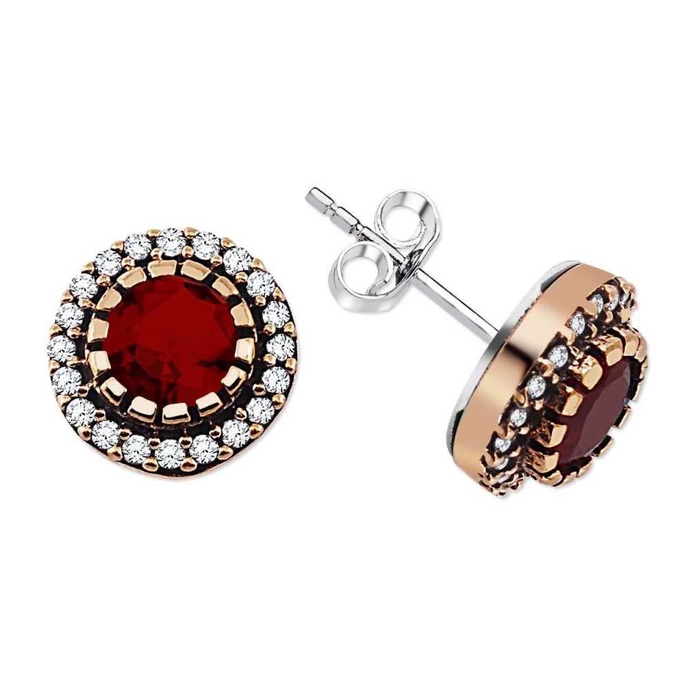 Zirkon ve Kırmızı Ruby Taşlı Yuvarlak Tasarım 925 Ayar Gümüş Küpe - 2