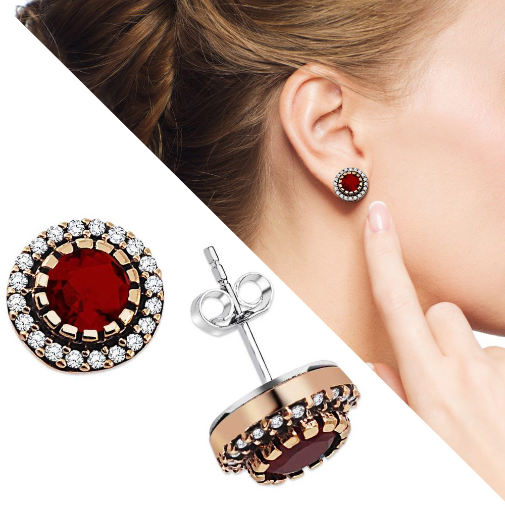 Zirkon ve Kırmızı Ruby Taşlı Yuvarlak Tasarım 925 Ayar Gümüş Küpe - 1