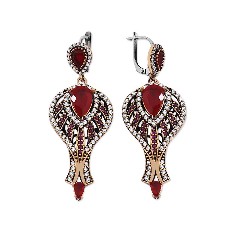 Zirkon ve Kırmızı Ruby Taşlı 925 Ayar Gümüş Otantik Küpe - 2