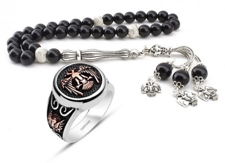 Gümüş Tasarım Oniks Tesbih ve Selçuklu Kartallı Gümüş Yüzük - Tesbihane