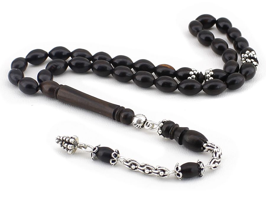 Gümüş Tasarımlı Arpa Kesim Abanoz Ağacı Tesbih (JLMPRB68) - 1