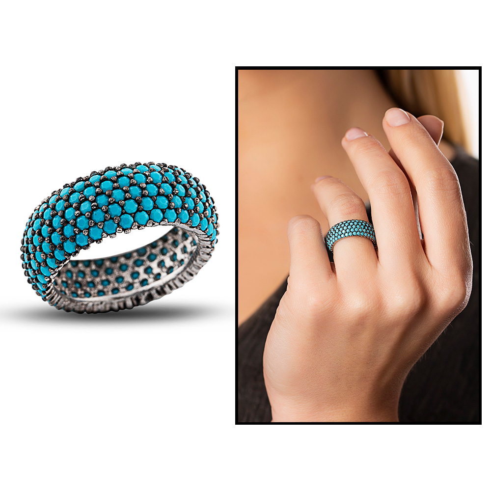 Gümüş Turkuaz Taşlı Tam Tur Bayan Yüzük - 1