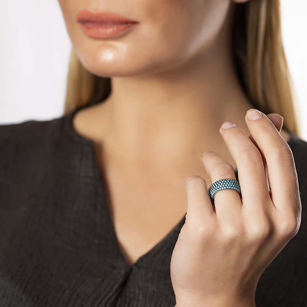 Gümüş Turkuaz Taşlı Tam Tur Bayan Yüzük - 2