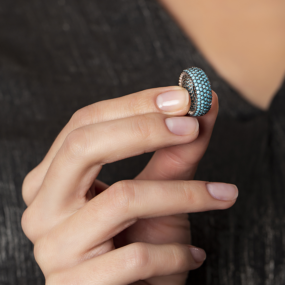 Gümüş Turkuaz Taşlı Tam Tur Bayan Yüzük - 3