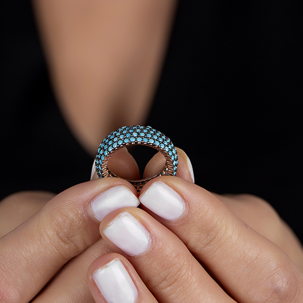 Gümüş Turkuaz Taşlı Rose Kaplama Tam Tur Bayan Yüzük - 5