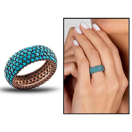 Gümüş Turkuaz Taşlı Rose Kaplama Tam Tur Bayan Yüzük - Tesbihane