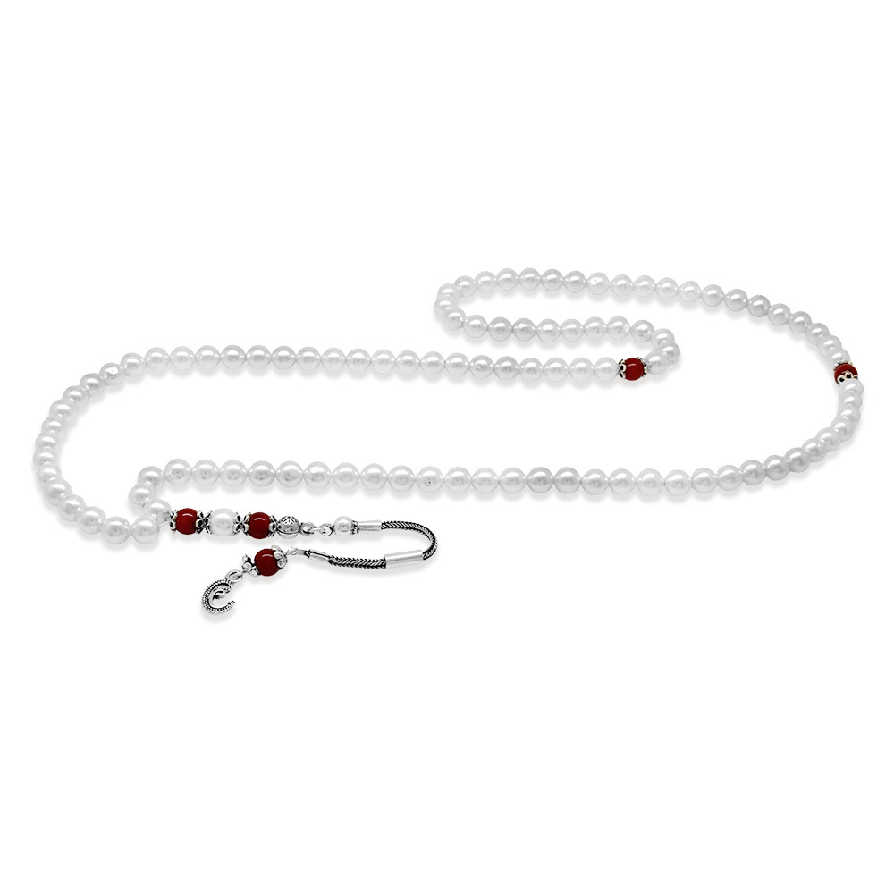 925 Ayar Gümüş Vav Püsküllü 99 Taneli Mayorka İnci Namaz Tesbihi - 4