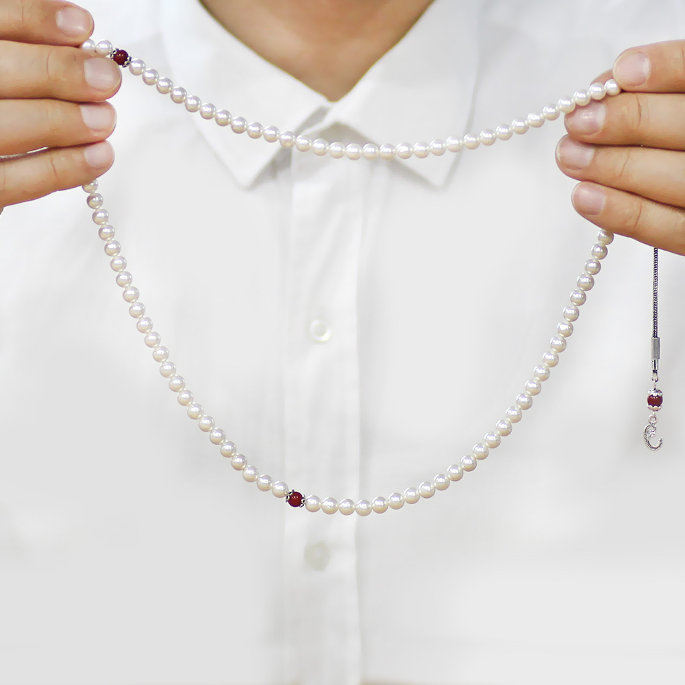 925 Ayar Gümüş Vav Püsküllü 99 Taneli Mayorka İnci Namaz Tesbihi - 3