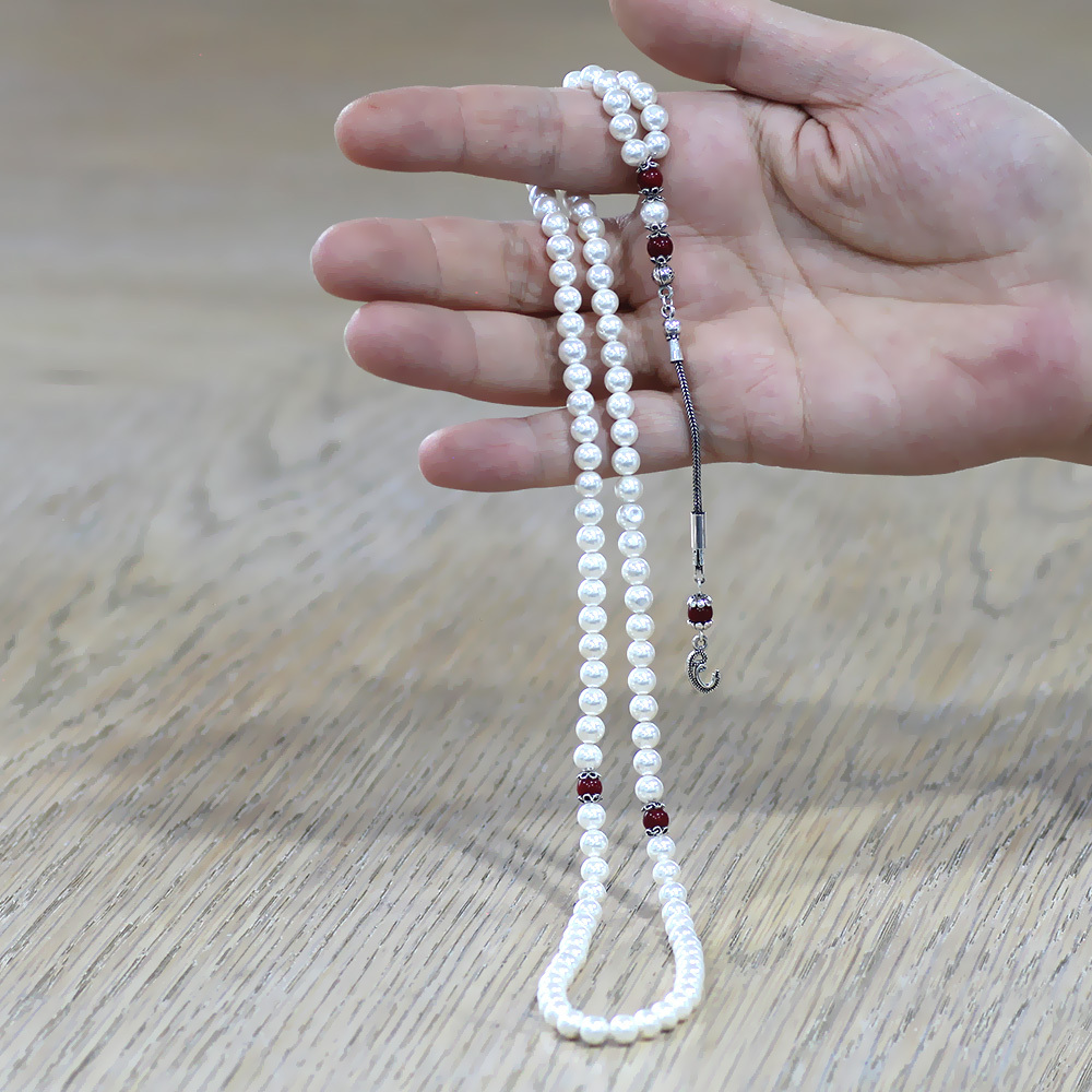 925 Ayar Gümüş Vav Püsküllü 99 Taneli Mayorka İnci Namaz Tesbihi - 2