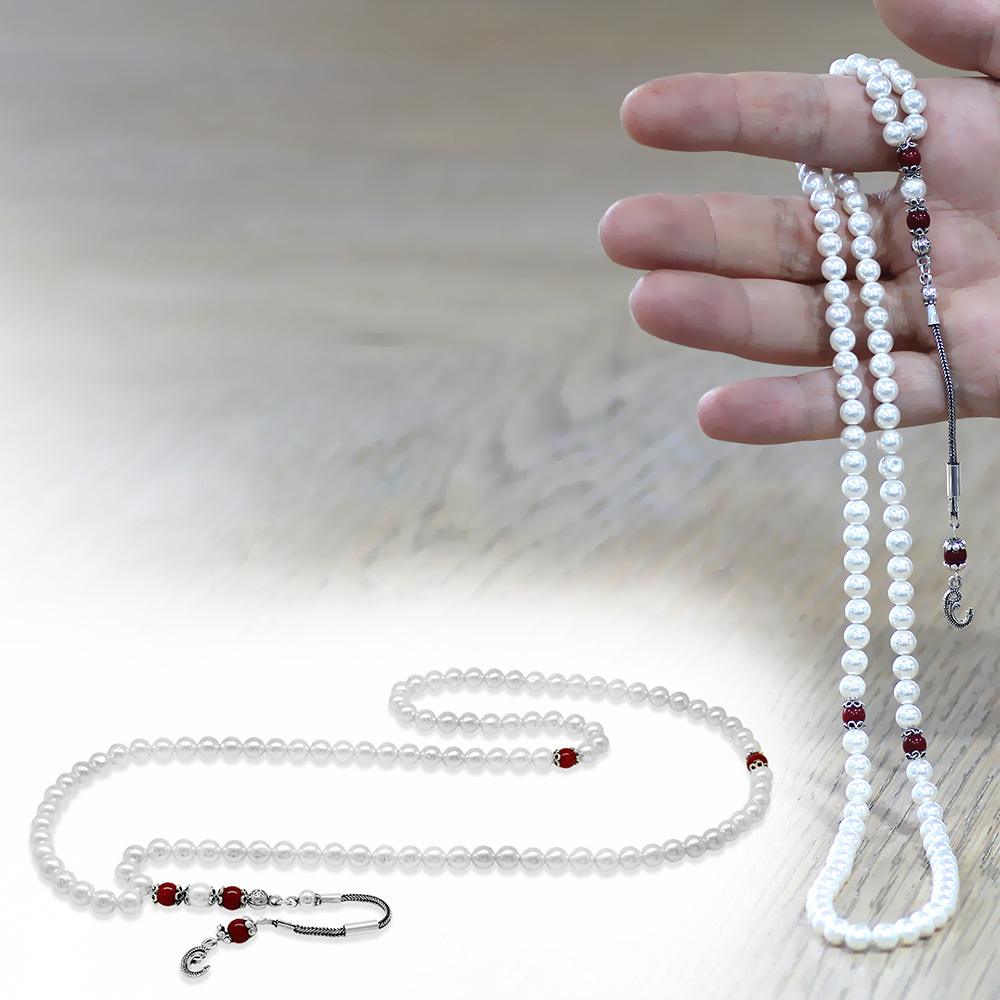 925 Ayar Gümüş Vav Püsküllü 99 Taneli Mayorka İnci Namaz Tesbihi - 1