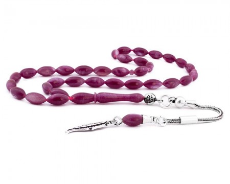 Gümüş Yaprak Püsküllü Mor Renk Sıkma Kehribar Tesbih - Tesbihane