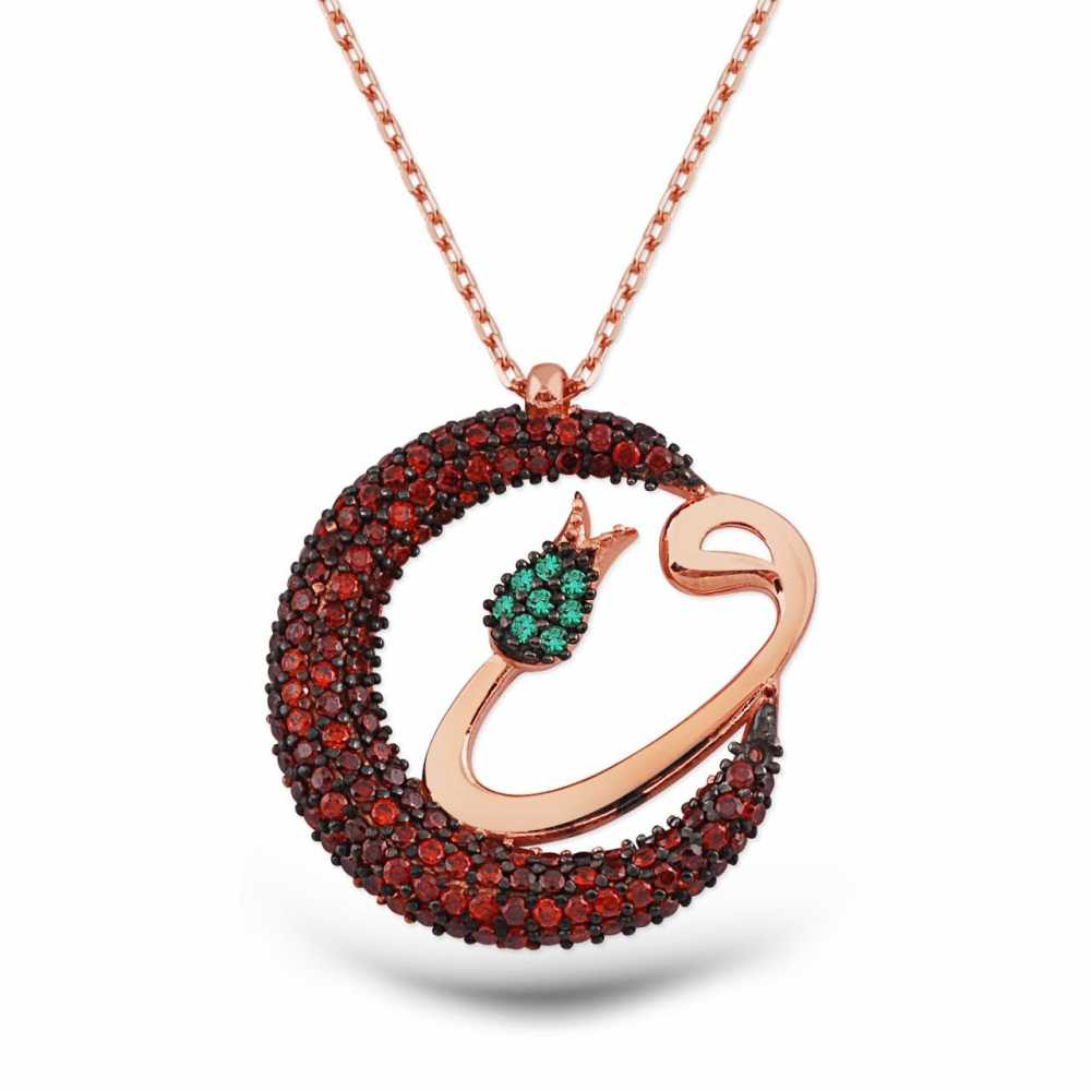 Gümüş Zirkon Garnet Taşlı Vav Kolye - 1