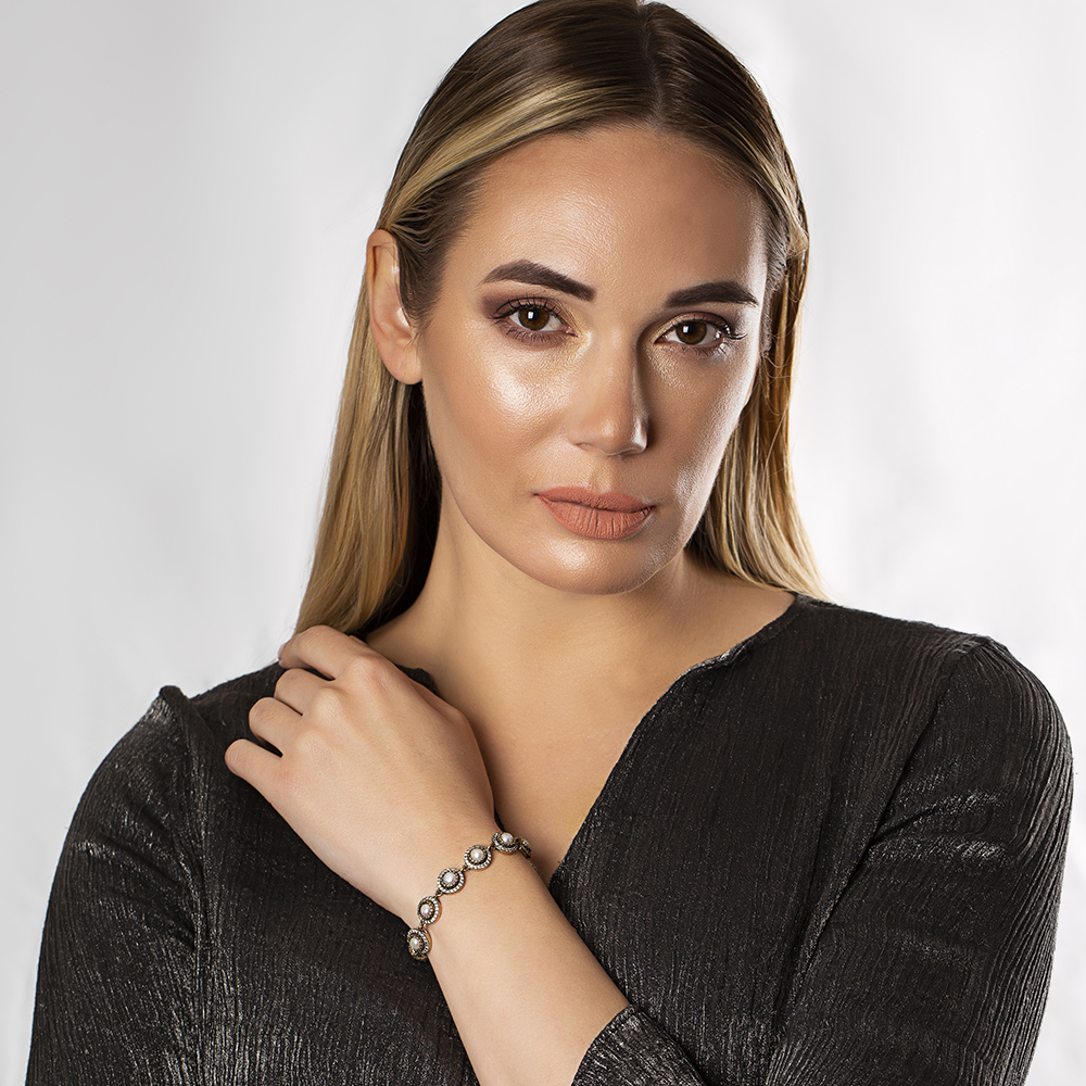 Zirkon Taşlı Yarım Küre Tasarım 925 Ayar Gümüş Bayan Bileklik - 2