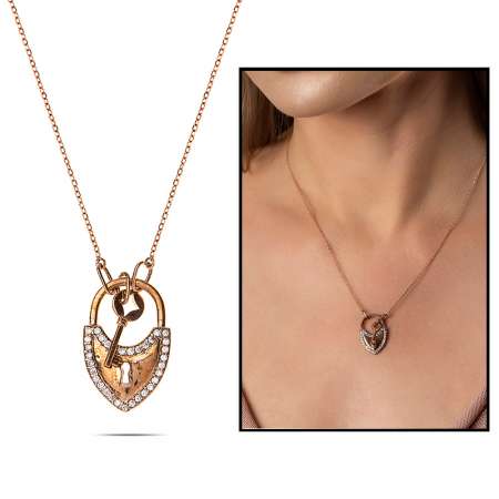 Gümüş Zirkon Taşlı Kilit Kolye - Tesbihane