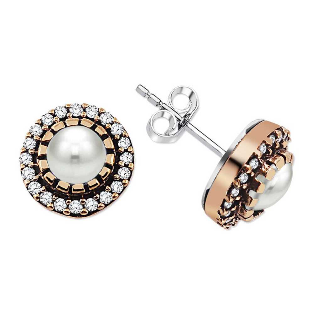 Beyaz Zirkon Taşlı Yuvarlak Tasarım 925 Ayar Gümüş Küpe - 2