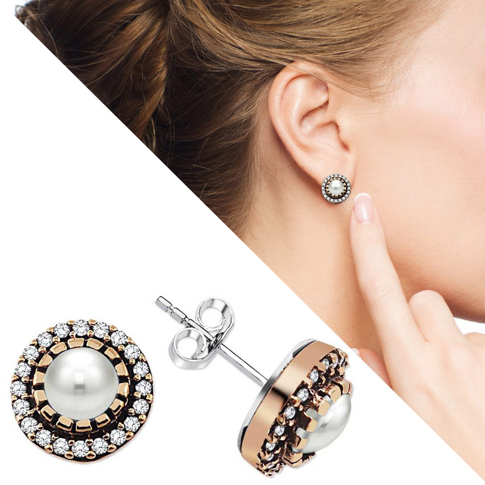 Beyaz Zirkon Taşlı Yuvarlak Tasarım 925 Ayar Gümüş Küpe - 1