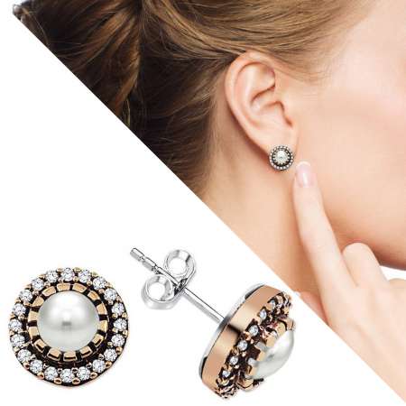 Beyaz Zirkon Taşlı Yuvarlak Tasarım 925 Ayar Gümüş Küpe - Tesbihane