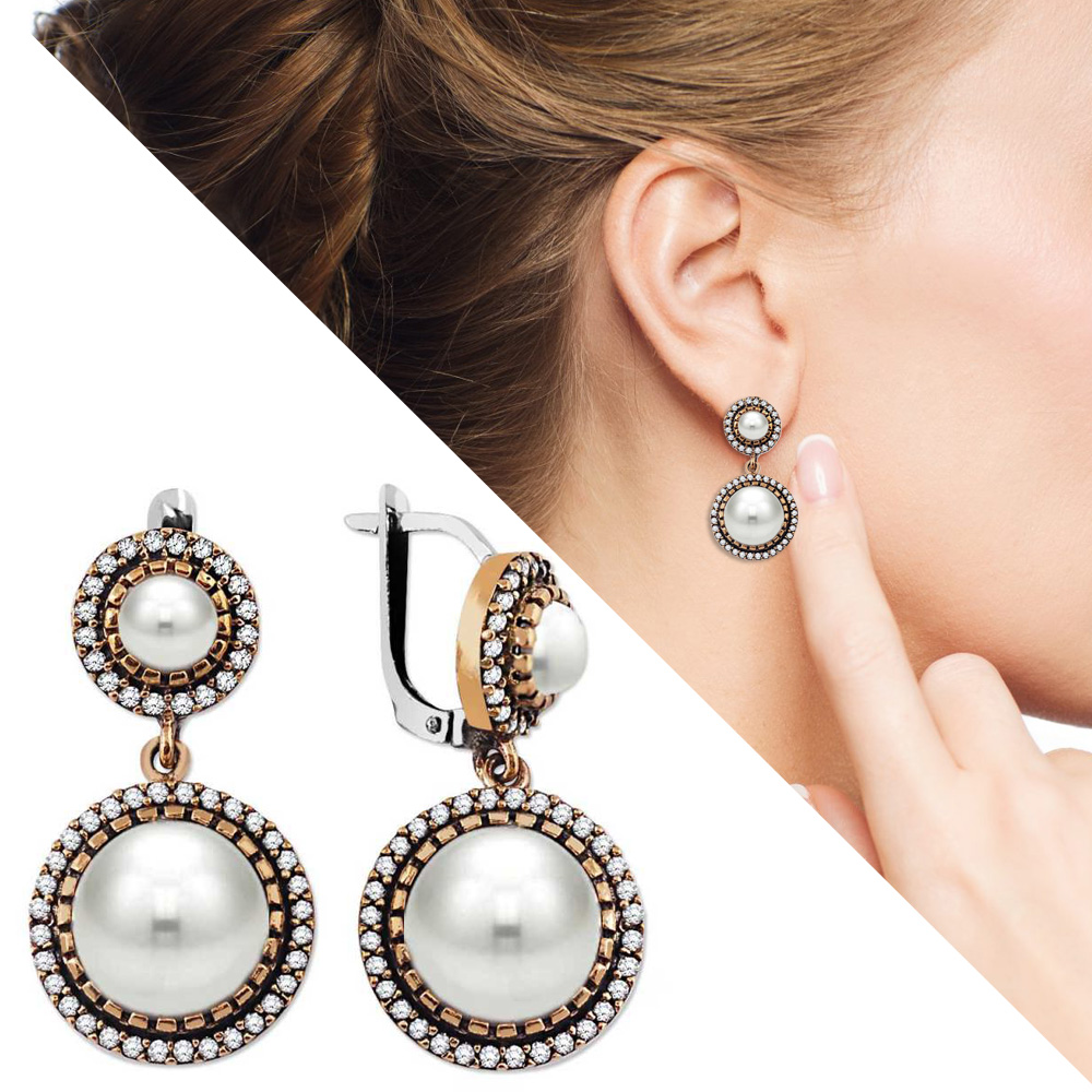 Beyaz Zirkon Taşlı İki Kat Yuvarlak Tasarım 925 Ayar Gümüş Küpe - 1