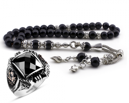 Gümüş Zirkon Taşlı Payitaht Yüzüğü ve Oniks Doğaltaş Tesbih Kombini - Tesbihane