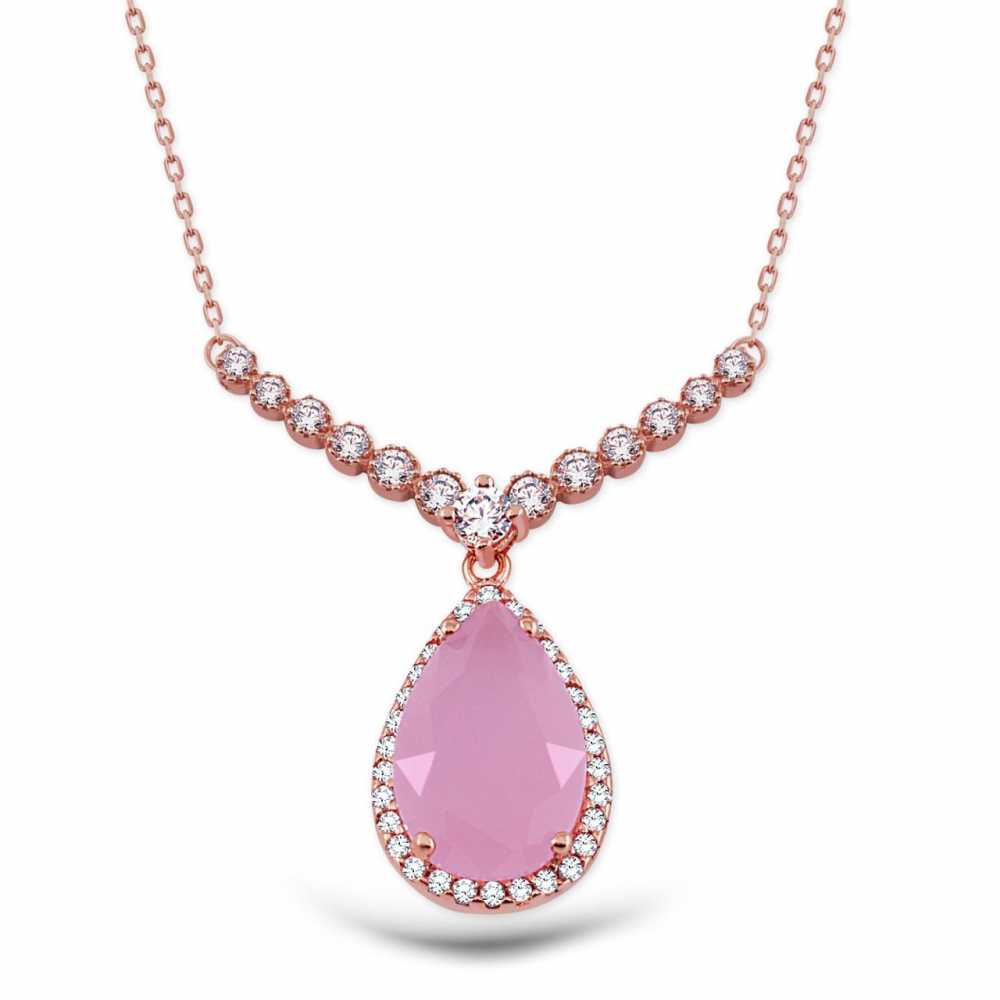 Gümüş Zirkon Taşlı Pembe Kolye - 1
