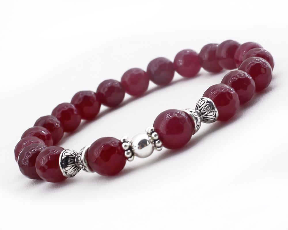 925 Ayar Gümüş Kombinli Fasetalı Kesim Bordo Jade Doğaltaş Bileklik - 1