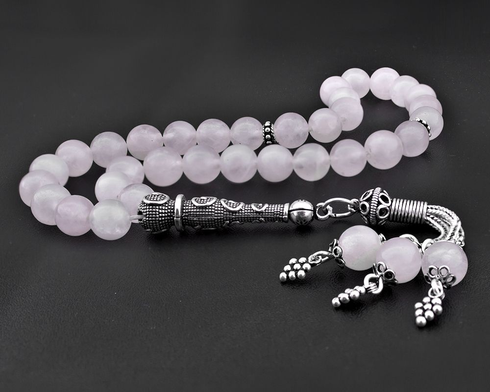 925 Ayar Gümüş Püsküllü Küre Kesim Açık Pembe Kuvars Doğaltaş Tesbih - 1