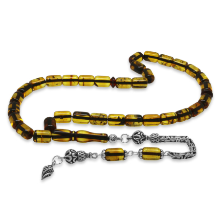 Hafif Fosilli Damla Kehribar Tesbih - 925 Ayar Gümüş Kral Püsküllü - Kapsül Kesim - Ihlamur Sarı - Tesbihane