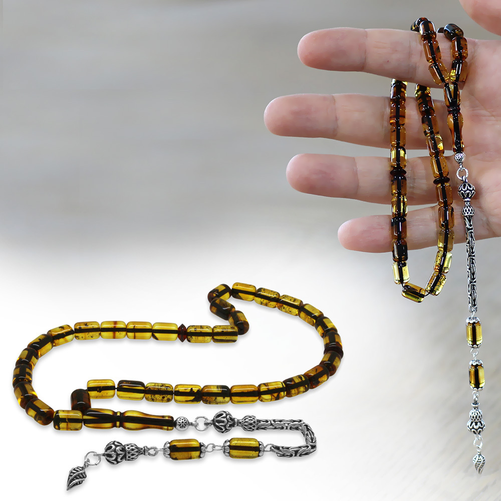 Hafif Fosilli Damla Kehribar Tesbih - 925 Ayar Gümüş Kral Püsküllü - Kapsül Kesim - Ihlamur Sarı - 1