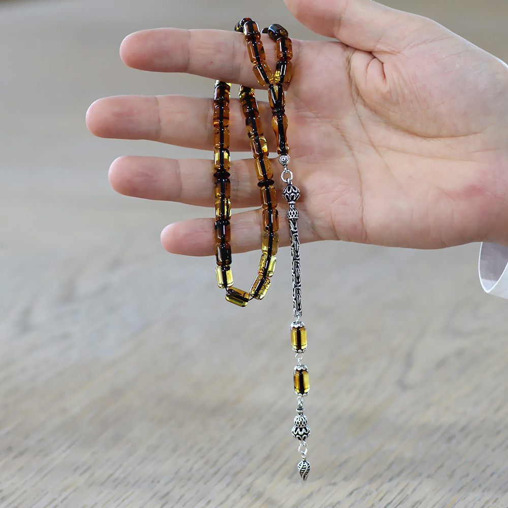 Hafif Fosilli Damla Kehribar Tesbih - 925 Ayar Gümüş Kral Püsküllü - Kapsül Kesim - Ihlamur Sarı - 2