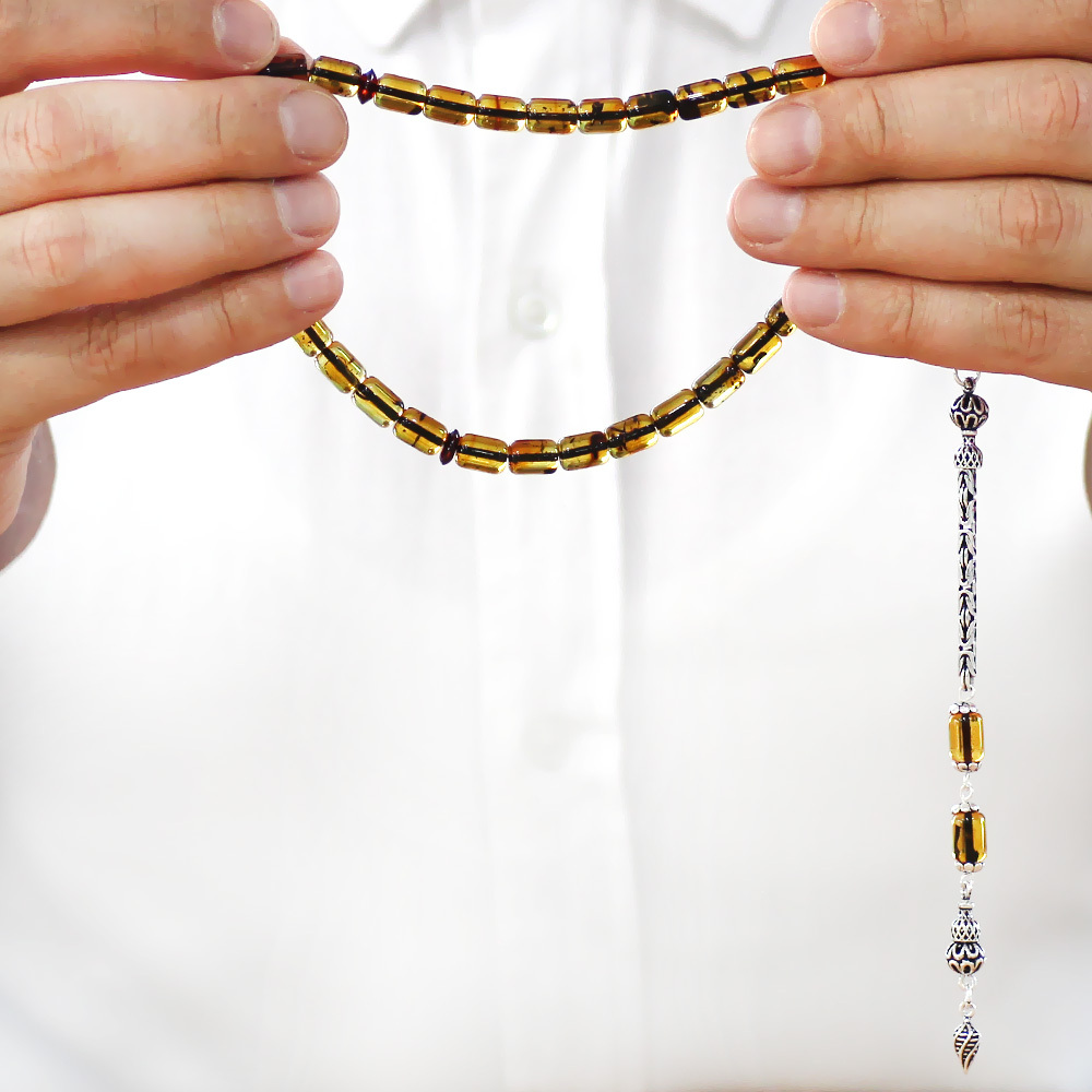 Hafif Fosilli Damla Kehribar Tesbih - 925 Ayar Gümüş Kral Püsküllü - Kapsül Kesim - Ihlamur Sarı - 3