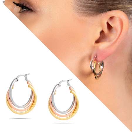 Halka Tasarım Üç Renkli 925 Ayar Gümüş Kadın Küpe - Tesbihane