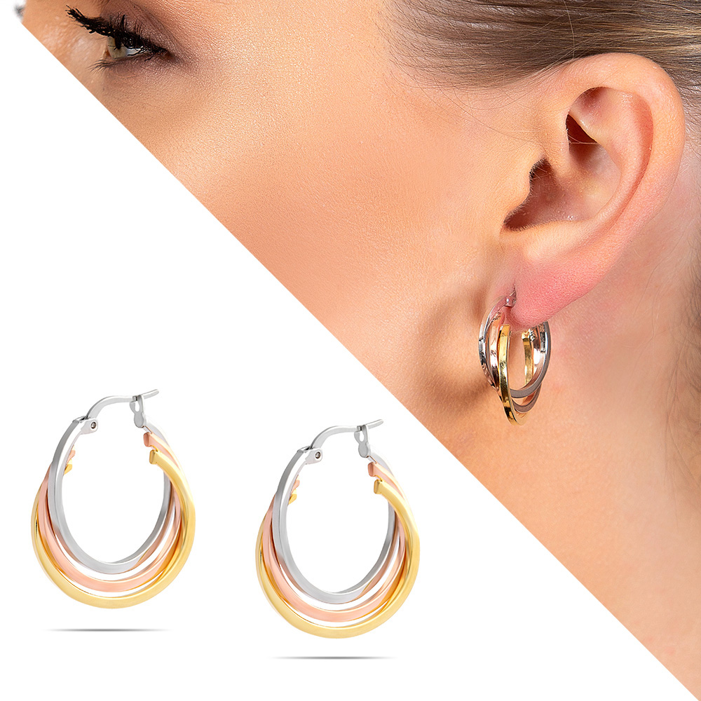 Halka Tasarım Üç Renkli 925 Ayar Gümüş Kadın Küpe - 1