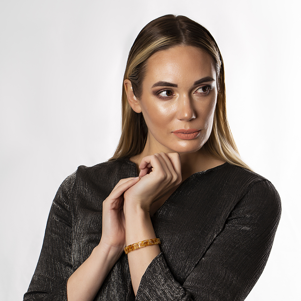 Hareli Limon Rengi Doğal Damla Kehribar Rolex Unisex Bileklik - 2