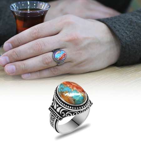 Has Mercan Taşlı Gotik Tasarım 925 Ayar Gümüş Erkek Yüzük - Tesbihane