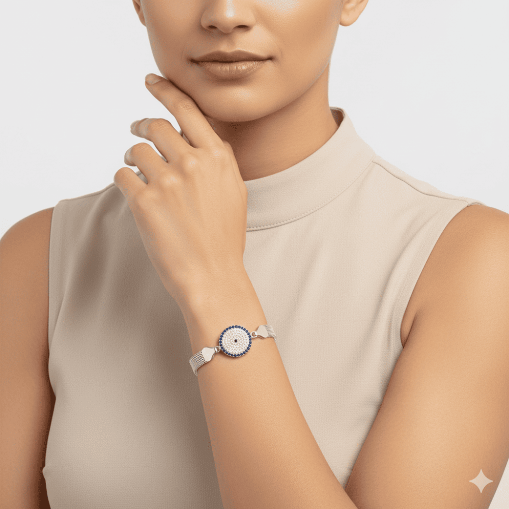 Hasır Zincirli Beyaz Lacivert Zirkon Taşlı 925 Ayar Gümüş Kadın Bileklik - 2