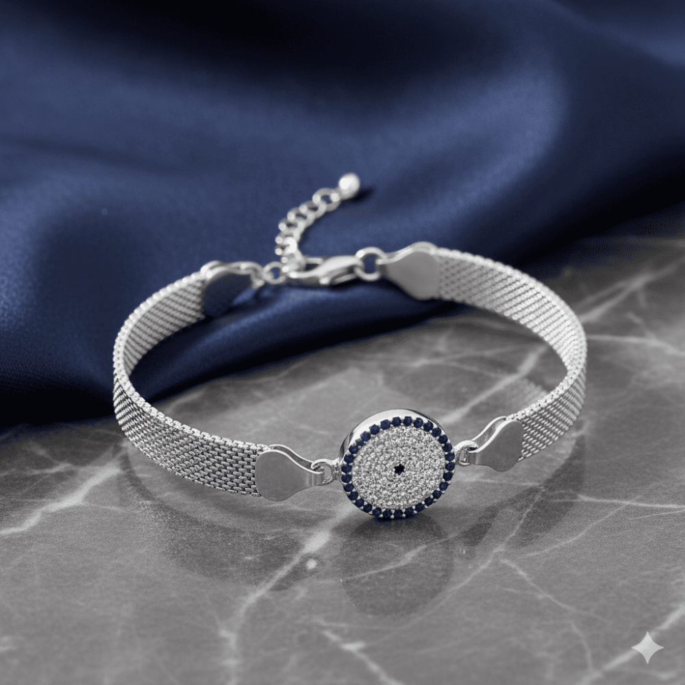 Hasır Zincirli Beyaz Lacivert Zirkon Taşlı 925 Ayar Gümüş Kadın Bileklik - 3