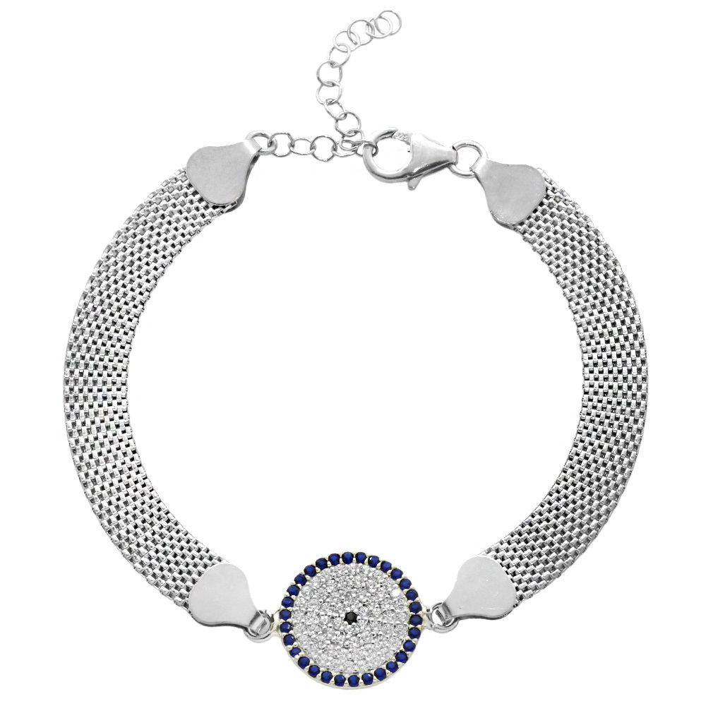 Hasır Zincirli Beyaz Lacivert Zirkon Taşlı 925 Ayar Gümüş Kadın Bileklik - 4