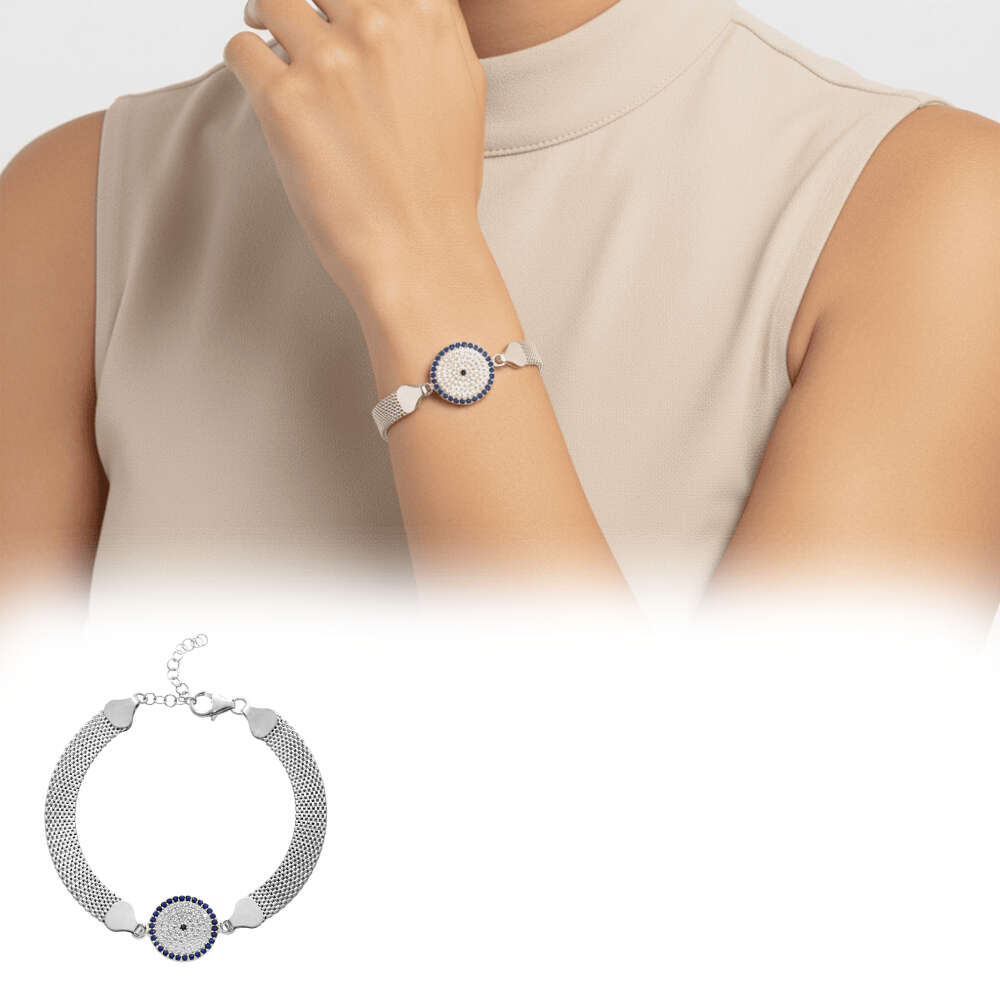 Hasır Zincirli Beyaz Lacivert Zirkon Taşlı 925 Ayar Gümüş Kadın Bileklik - 1