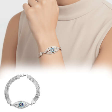 Hasır Zincirli Göz Tasarım Turkuaz Lacivert Zirkon Taşlı 925 Ayar Gümüş Kadın Bileklik - Tesbihane