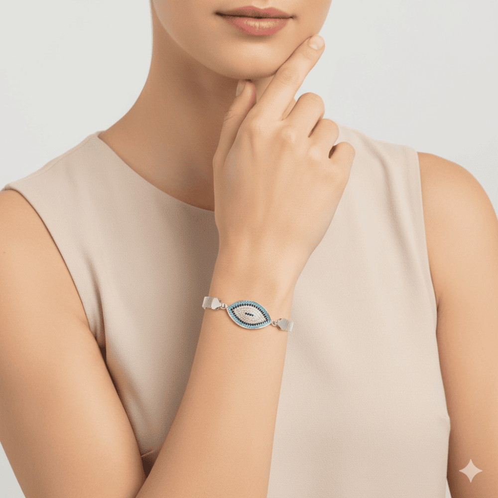 Hasır Zincirli Turkuaz Lacivert Zirkon Taşlı 925 Ayar Gümüş Kadın Bileklik - 2
