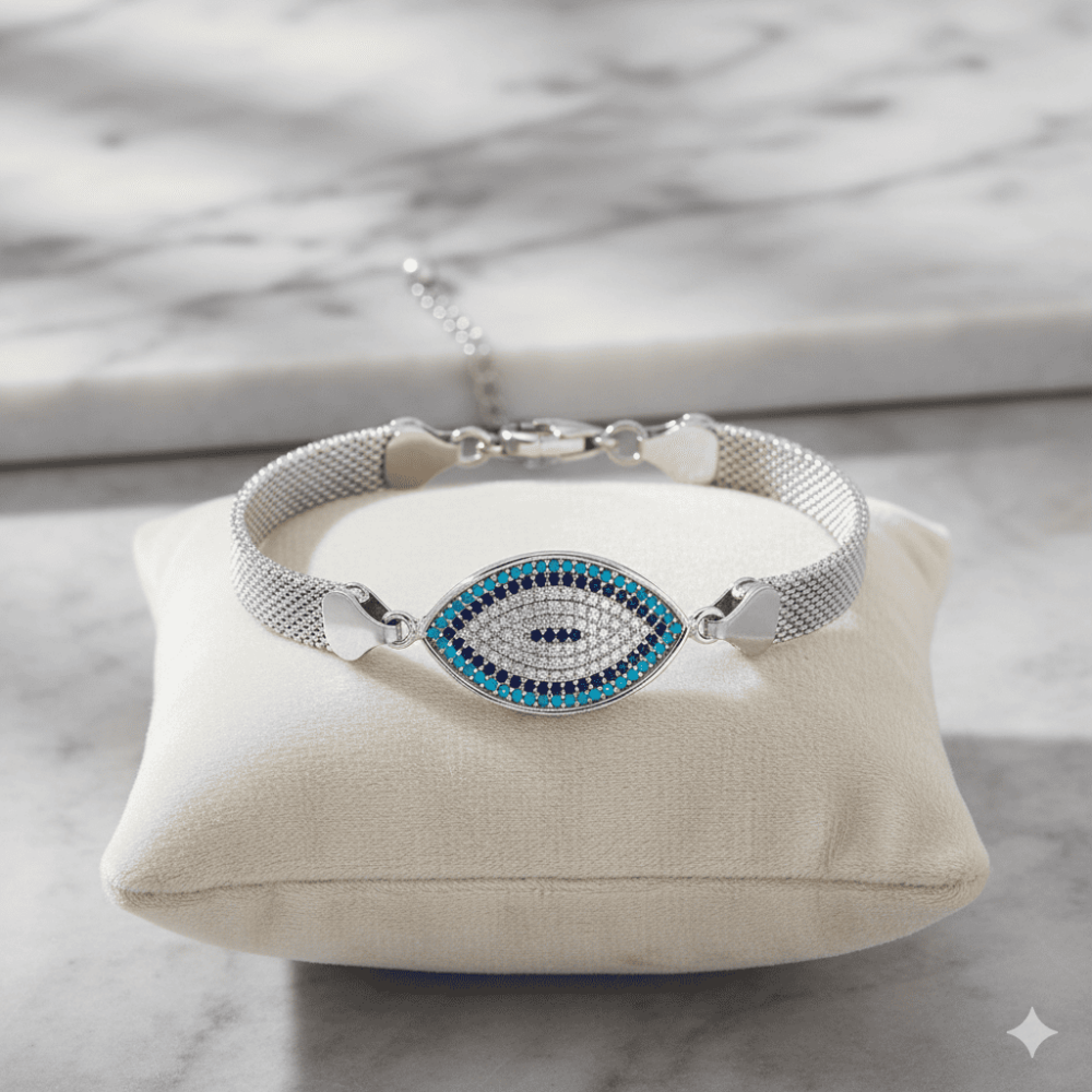 Hasır Zincirli Turkuaz Lacivert Zirkon Taşlı 925 Ayar Gümüş Kadın Bileklik - 3