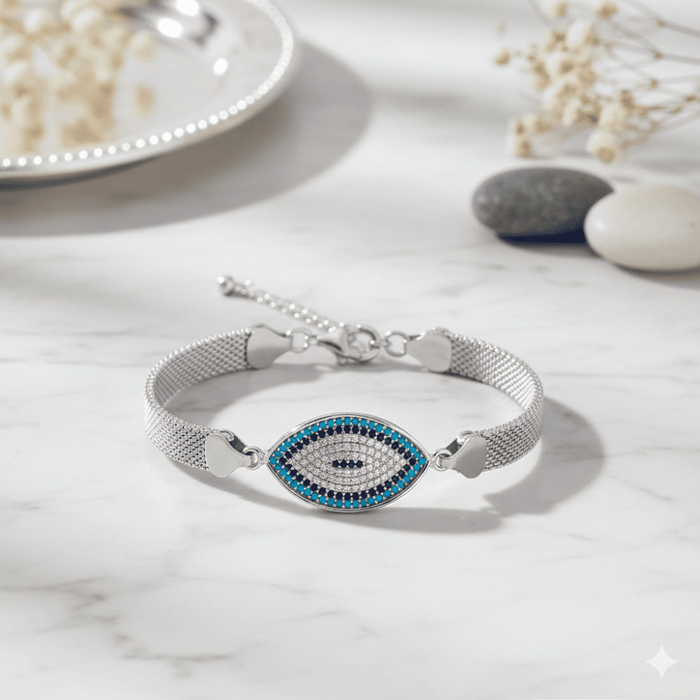 Hasır Zincirli Turkuaz Lacivert Zirkon Taşlı 925 Ayar Gümüş Kadın Bileklik - 4